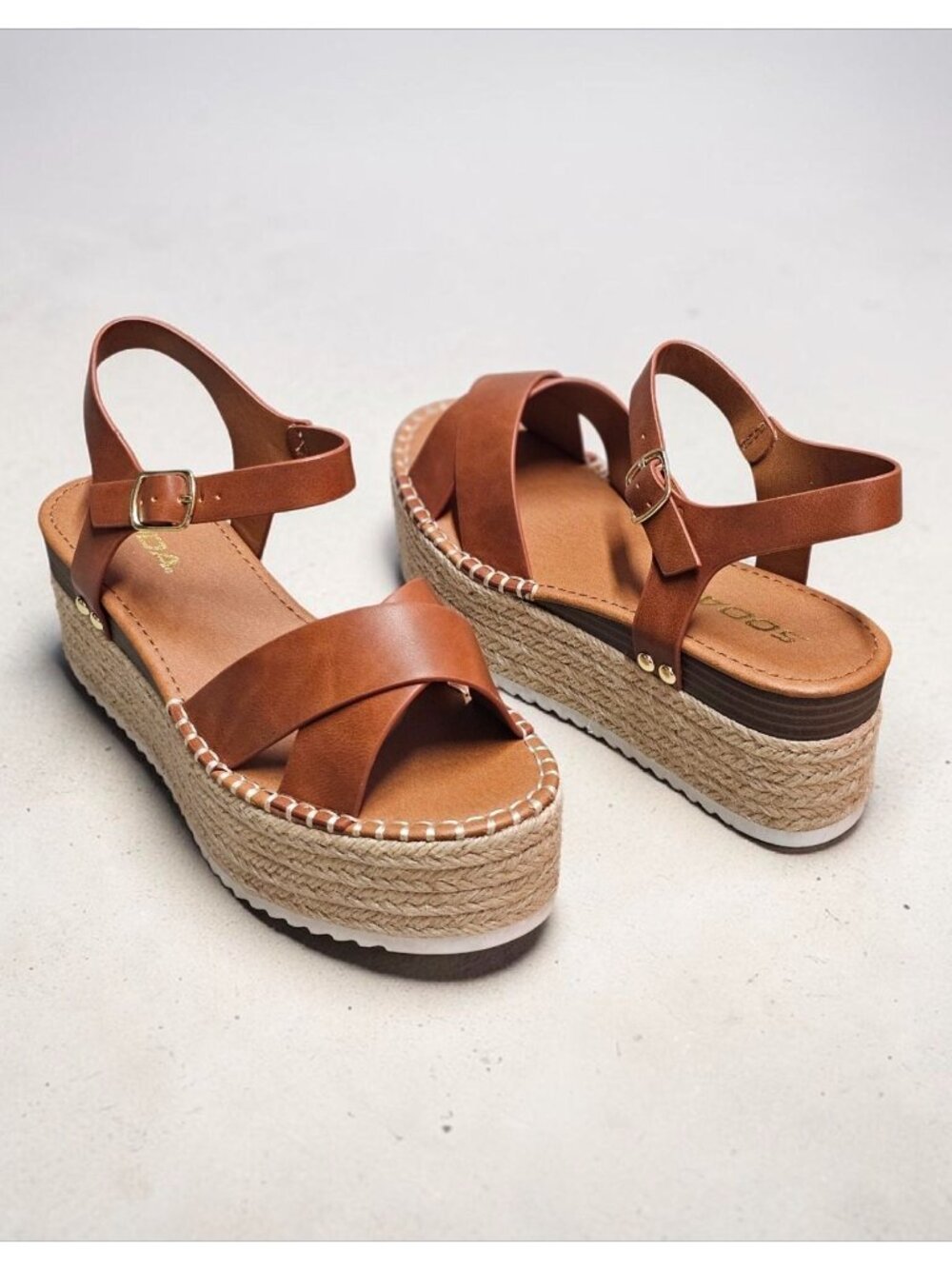 Tan Platform Espadrille Sandals With Buckle Strap Crisscross Upper & White Sole - Picture 10 of 16